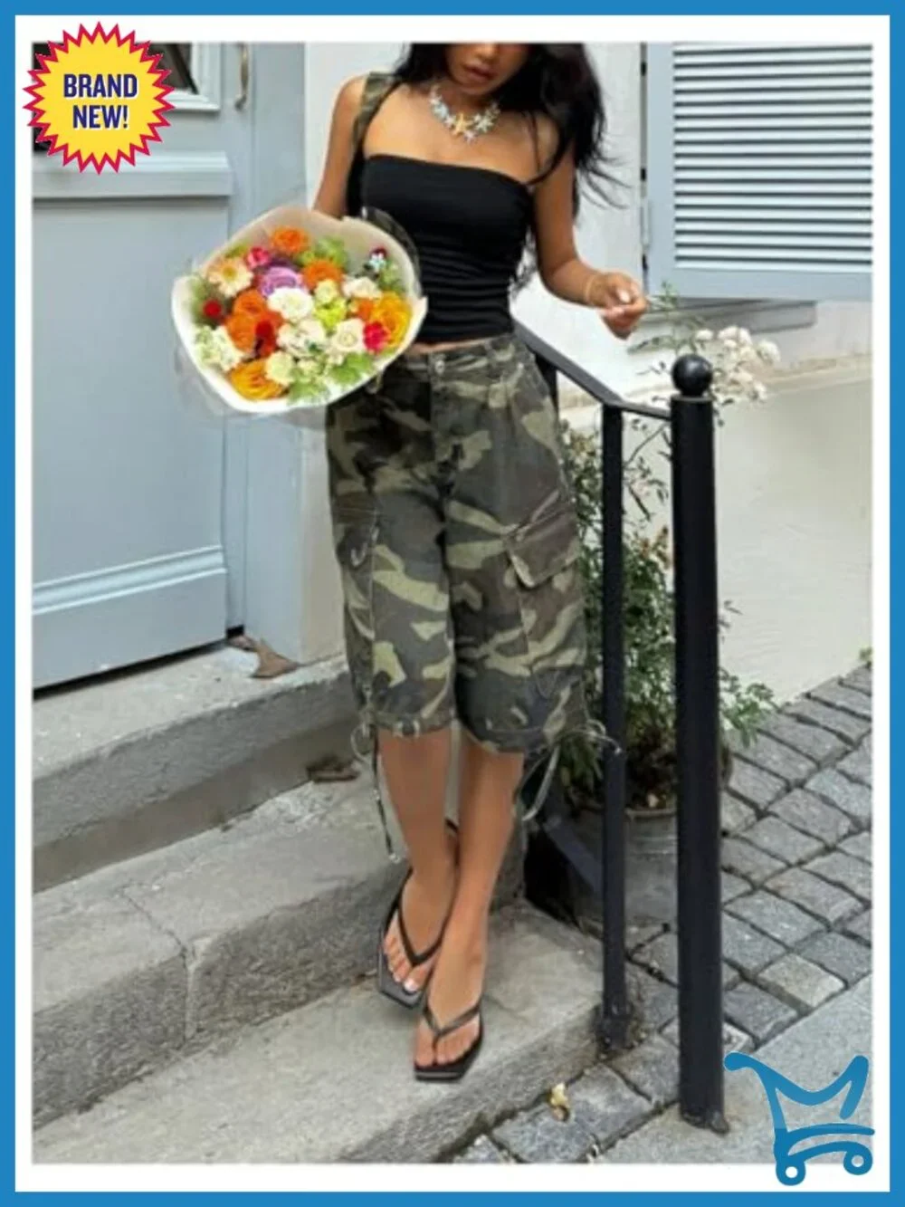 Women's Camo Denim Cargo Shorts Letter Graphic Baggy Bermuda with Flap Pockets